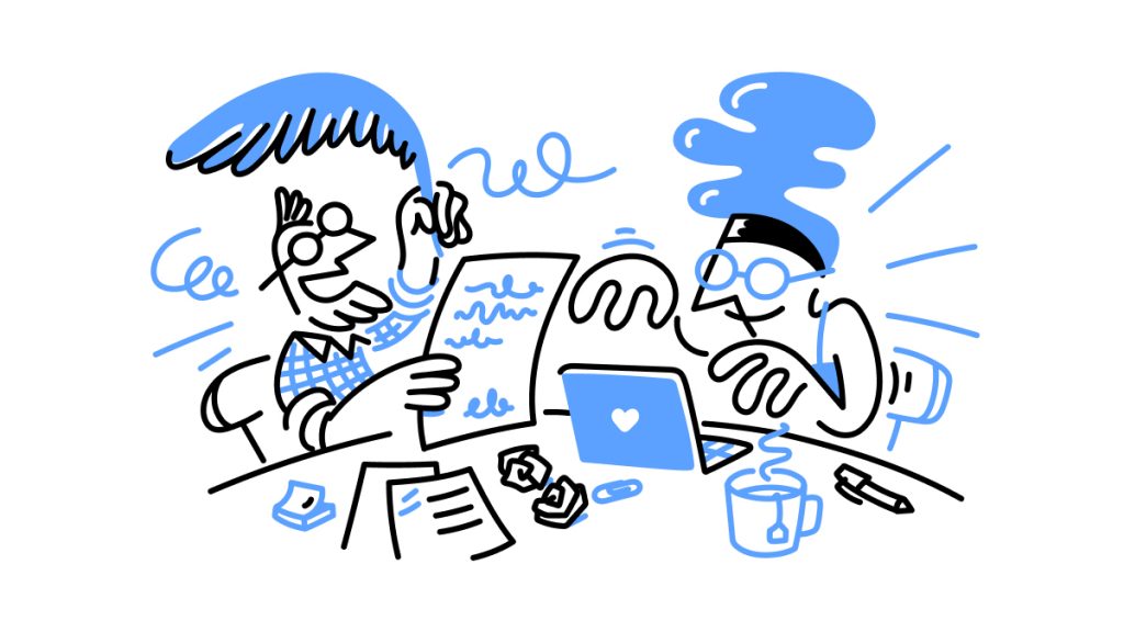 cartoony people writing